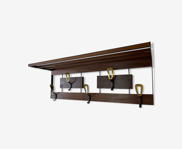 Portemanteau moderniste en laiton teck & métal 1950s