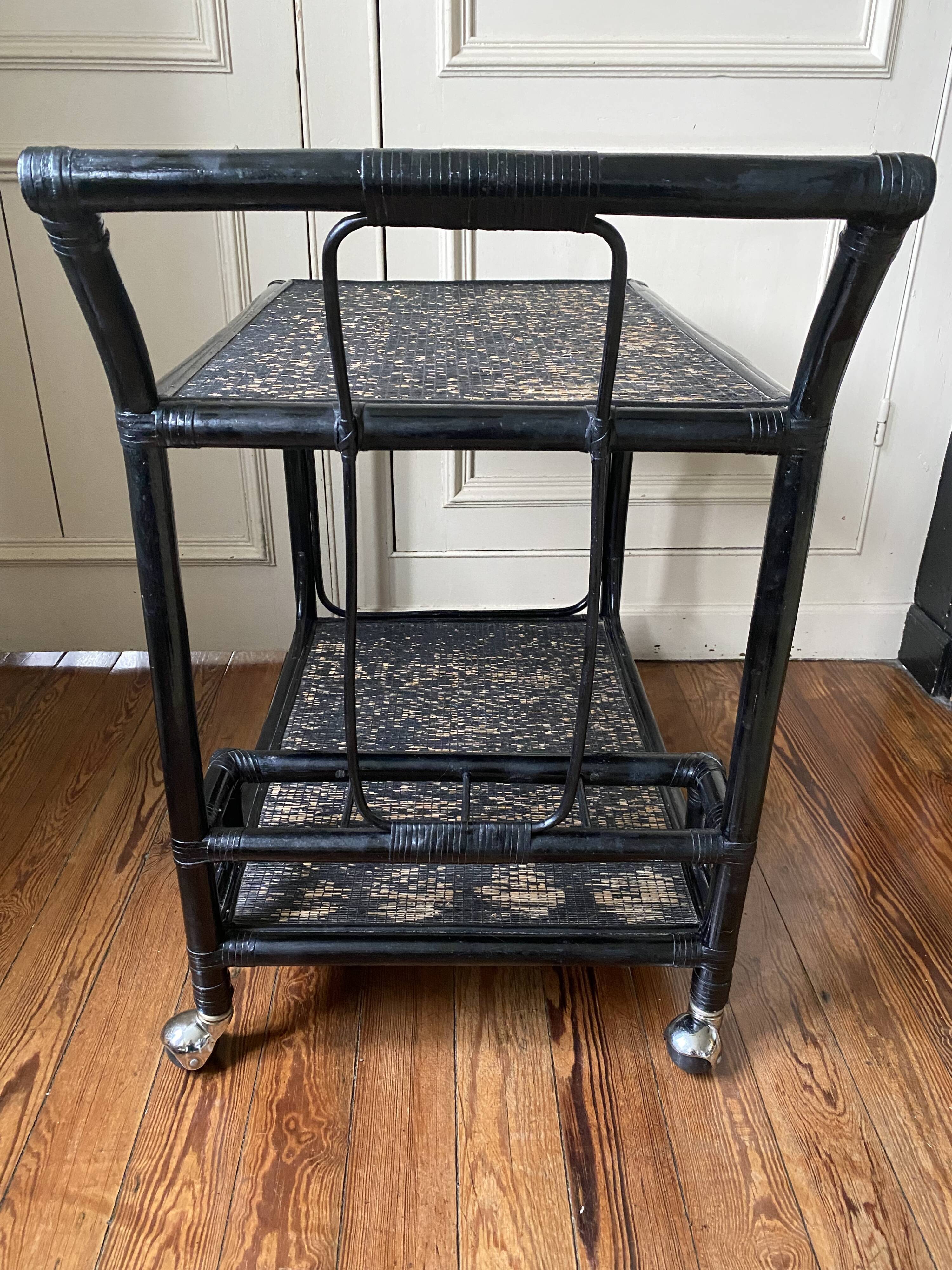 Black service in wood and rattan 70s