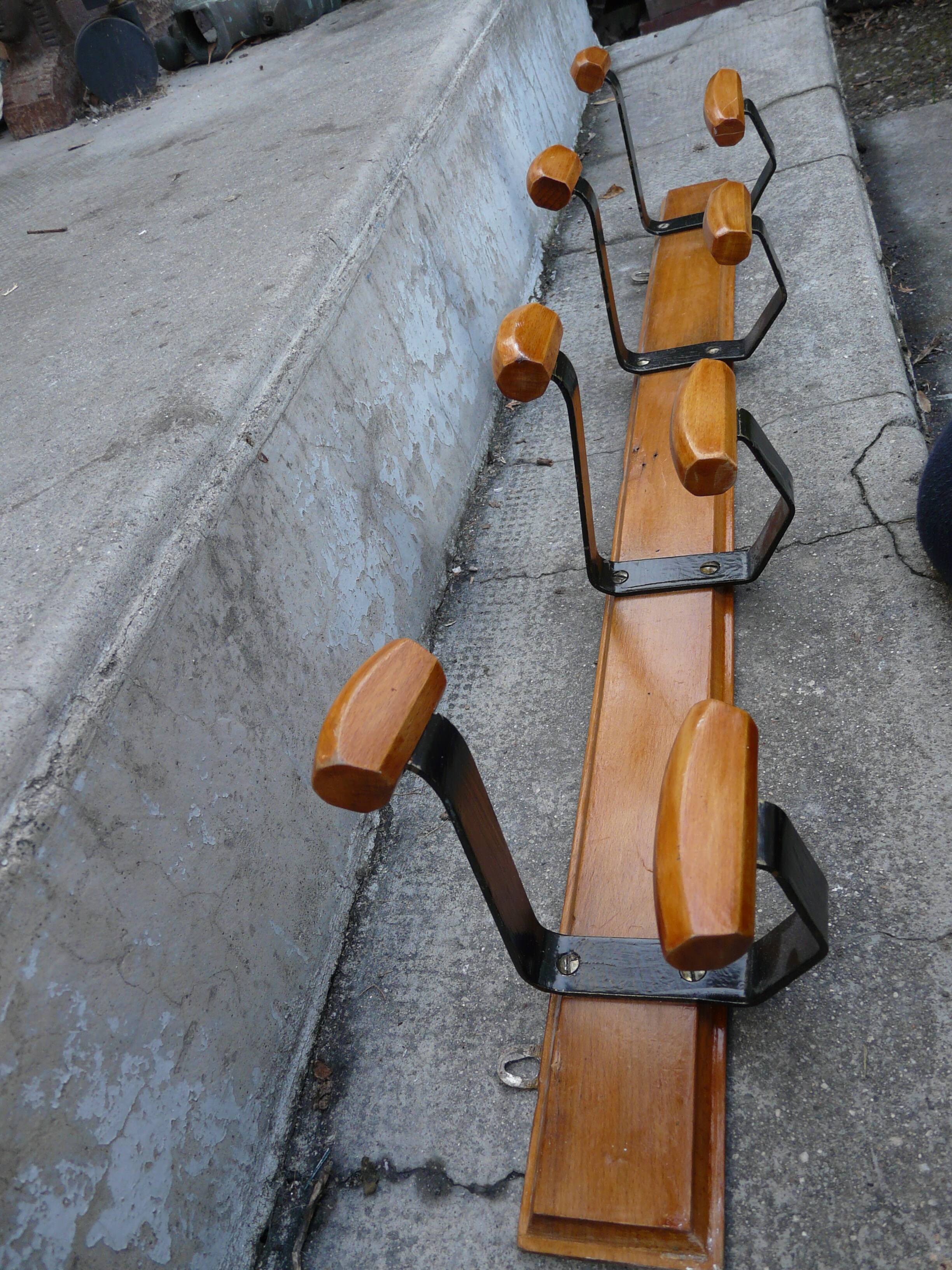 Scandinavian wall coat rack in wood and metal 8 hooks 60s 70s