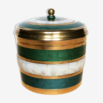 Tobacco pot enamelled brass box and mother-of-pearl