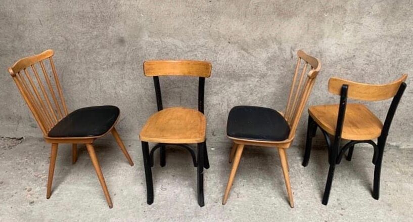 Series of 4 old wooden bistro chairs