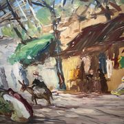 Tableau Huile-sur-Panneau , Le Marché oriental ou Souk signé Antoniazzi
