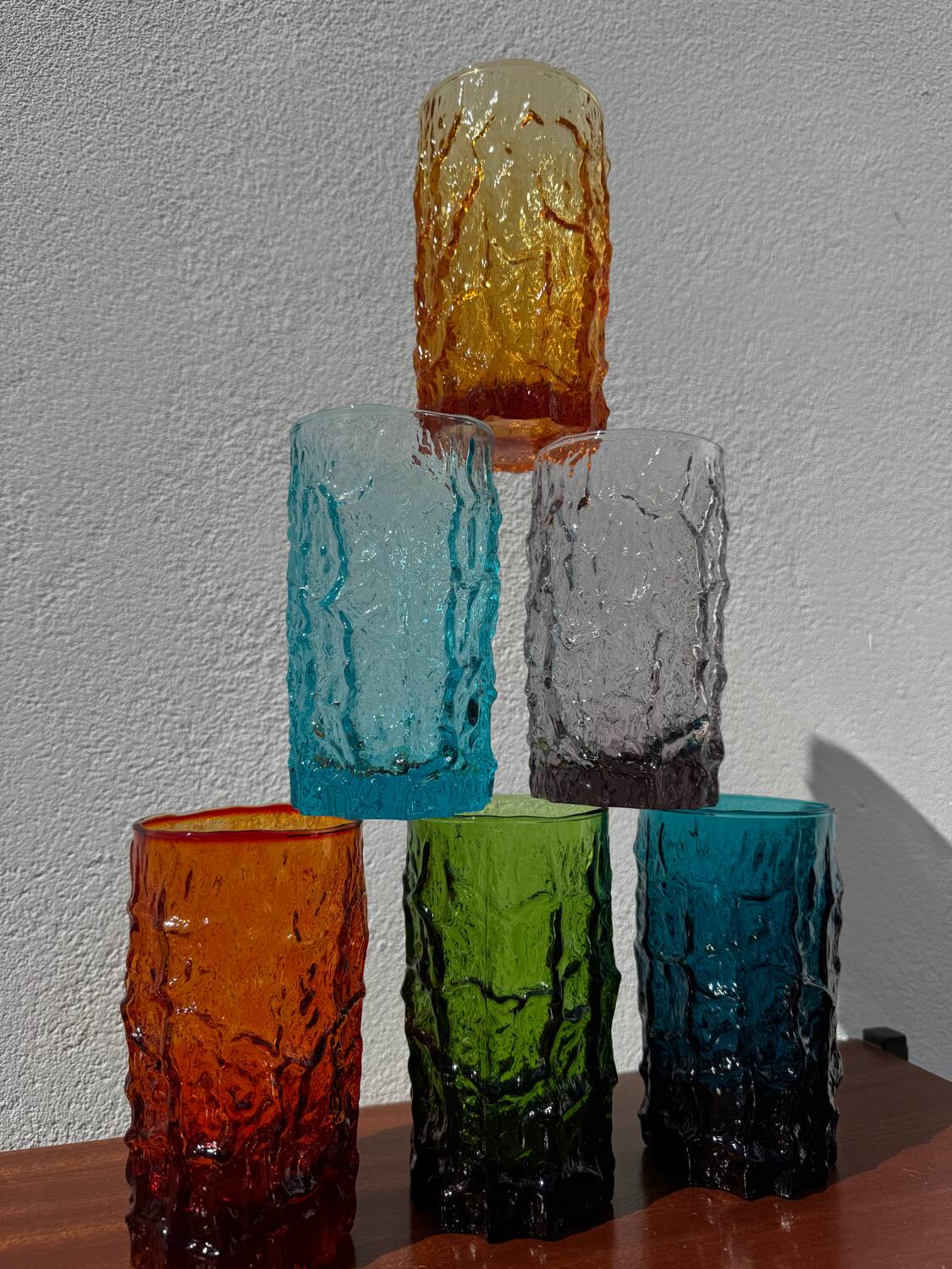Large multicoloured glasses by Geoffrey Baxter from the 1960s.