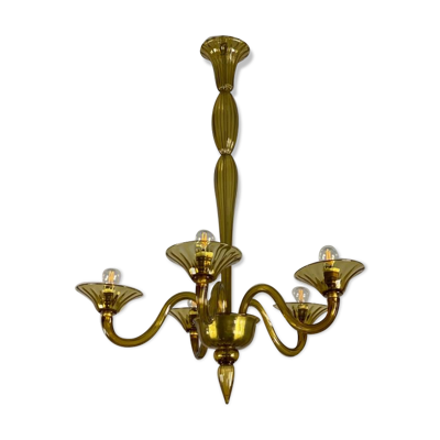 Lustre vénitien en verre de Murano de couleur jaune ambre, 5 bras de lumière