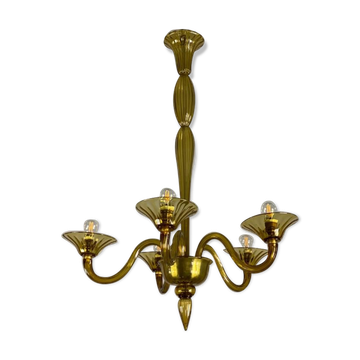 Venetian Chandlier in Murano glass of yellow color amber, 5 arms of light