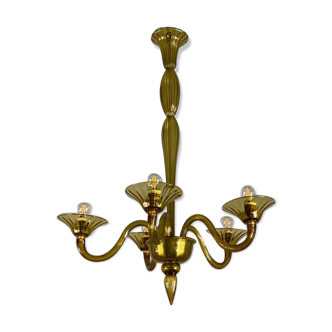 Venetian Chandlier in Murano glass of yellow color amber, 5 arms of light