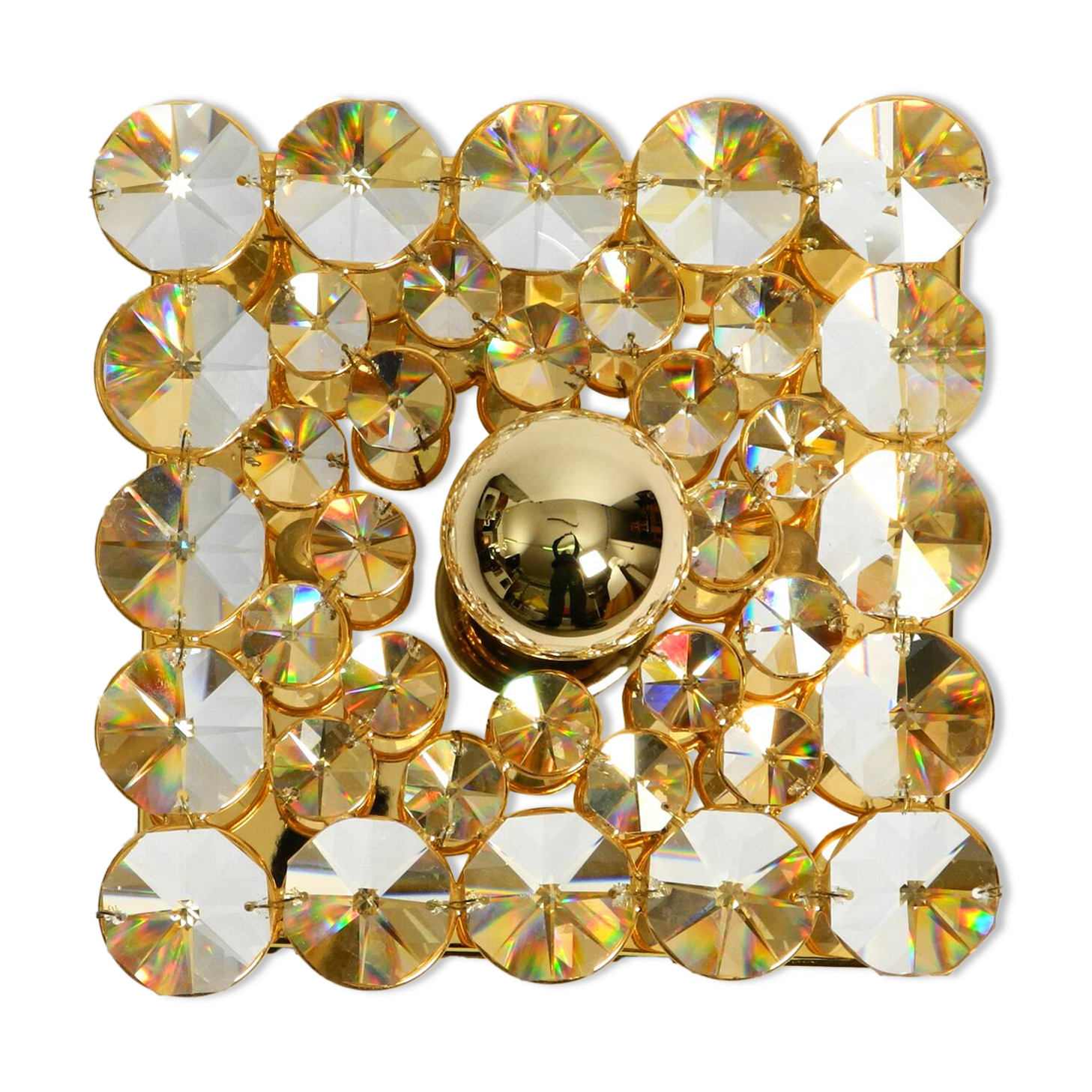 Small 70s Palwa brass ceiling or wall lamp with faceted crystal stones