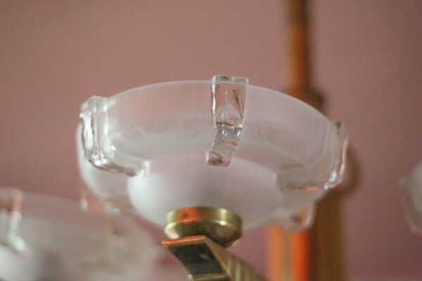 suspension art déco, lustre 6 feux globe verre Ezan, lustre bronze art déco