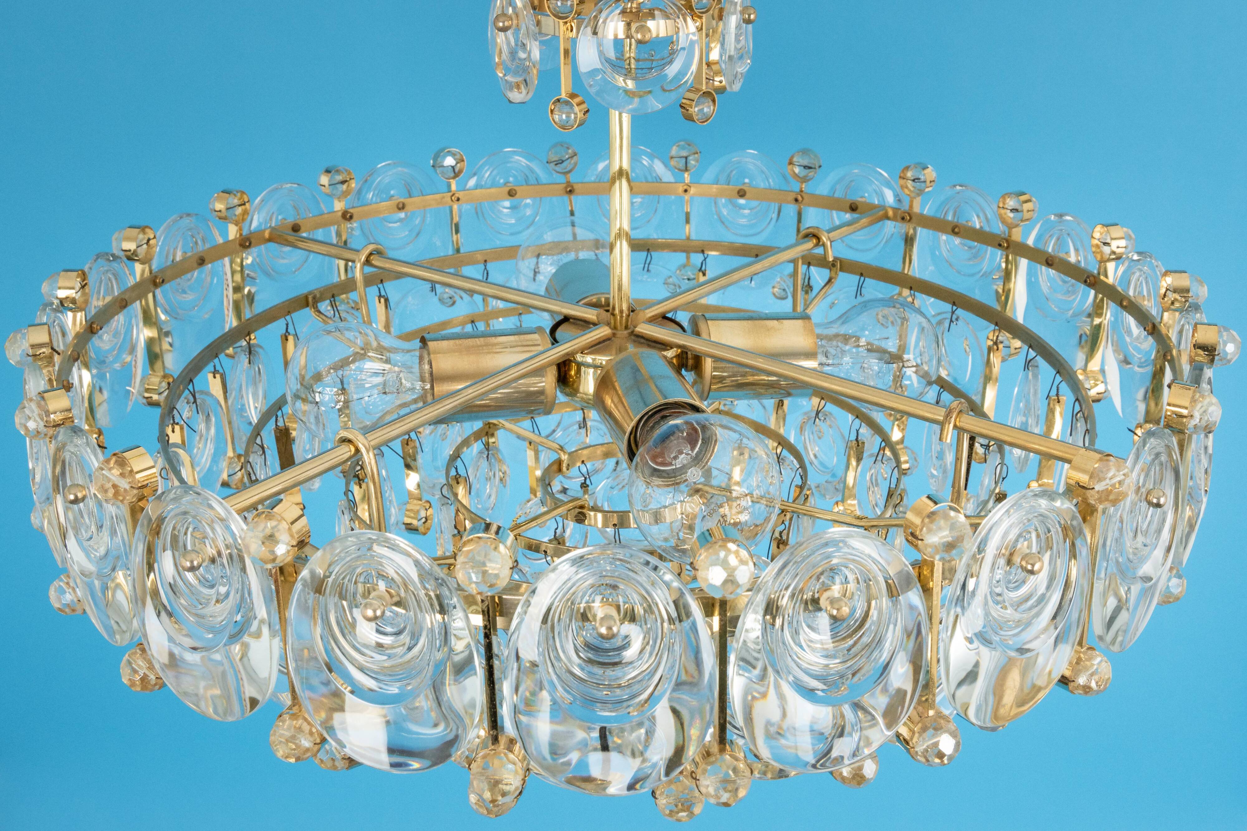 Brass and crystal chandelier, Sciolari design by Palwa, Germany, 1970s.