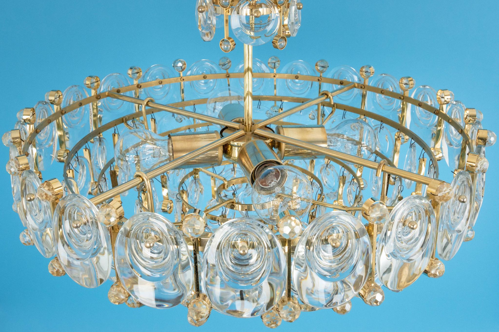 Brass and crystal chandelier, Sciolari design by Palwa, Germany, 1970s.