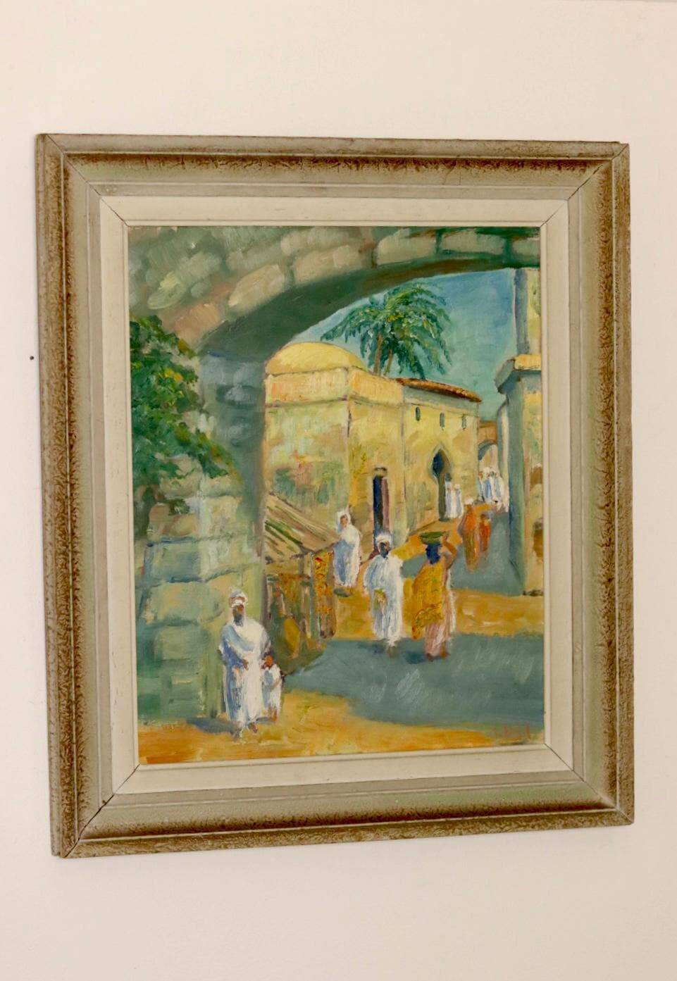 Original Swedish mid-century oil painting on panel "City" – Vintage and frame