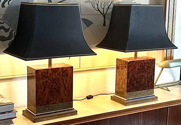 Paire de lampes de table en loupe et cuivre de Jean Claude Mahey