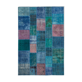 Handwoven turkish contemporary 203 cm x 300 cm blue patchwork rug