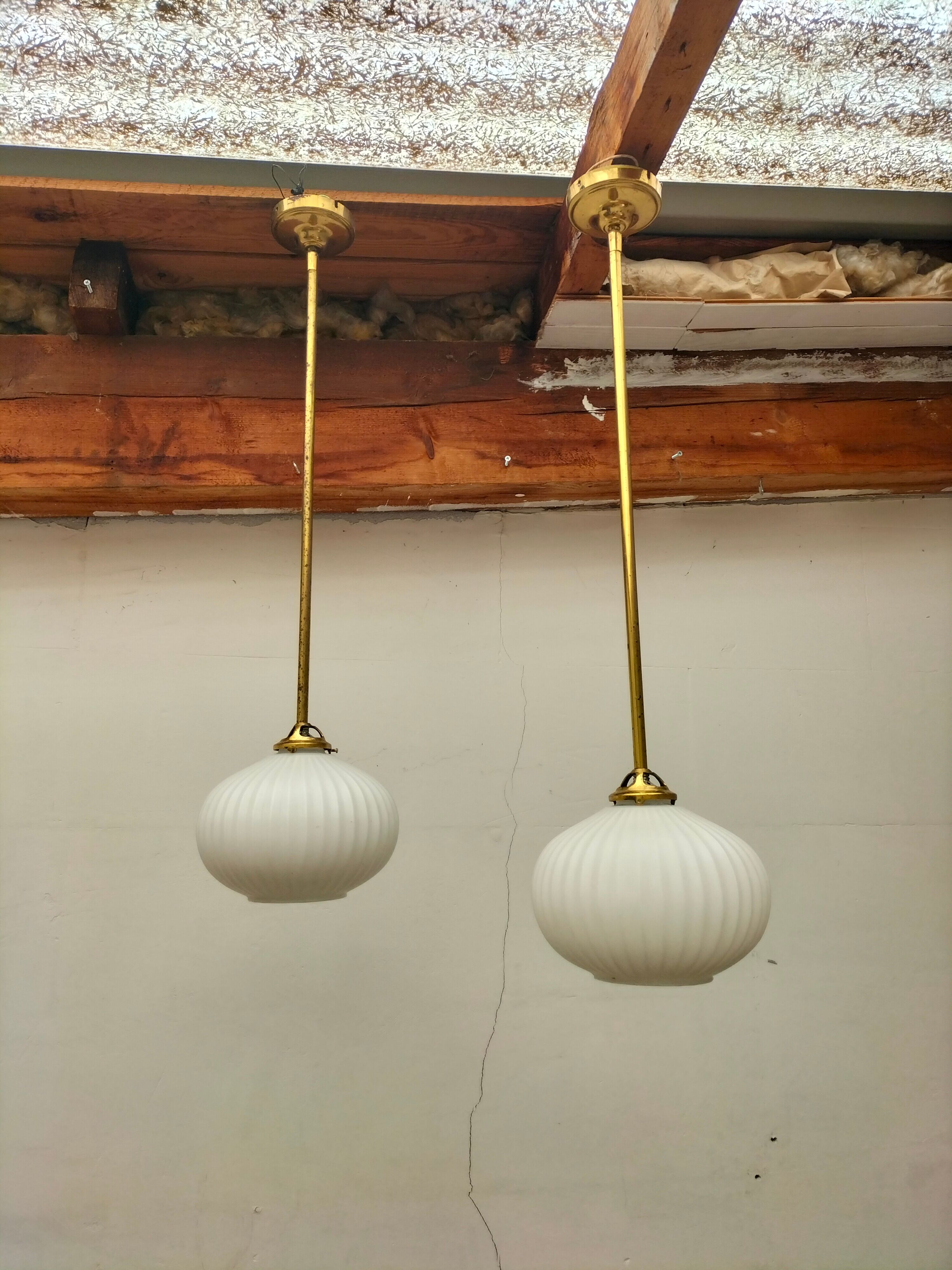 Pair brass and glass chandeliers