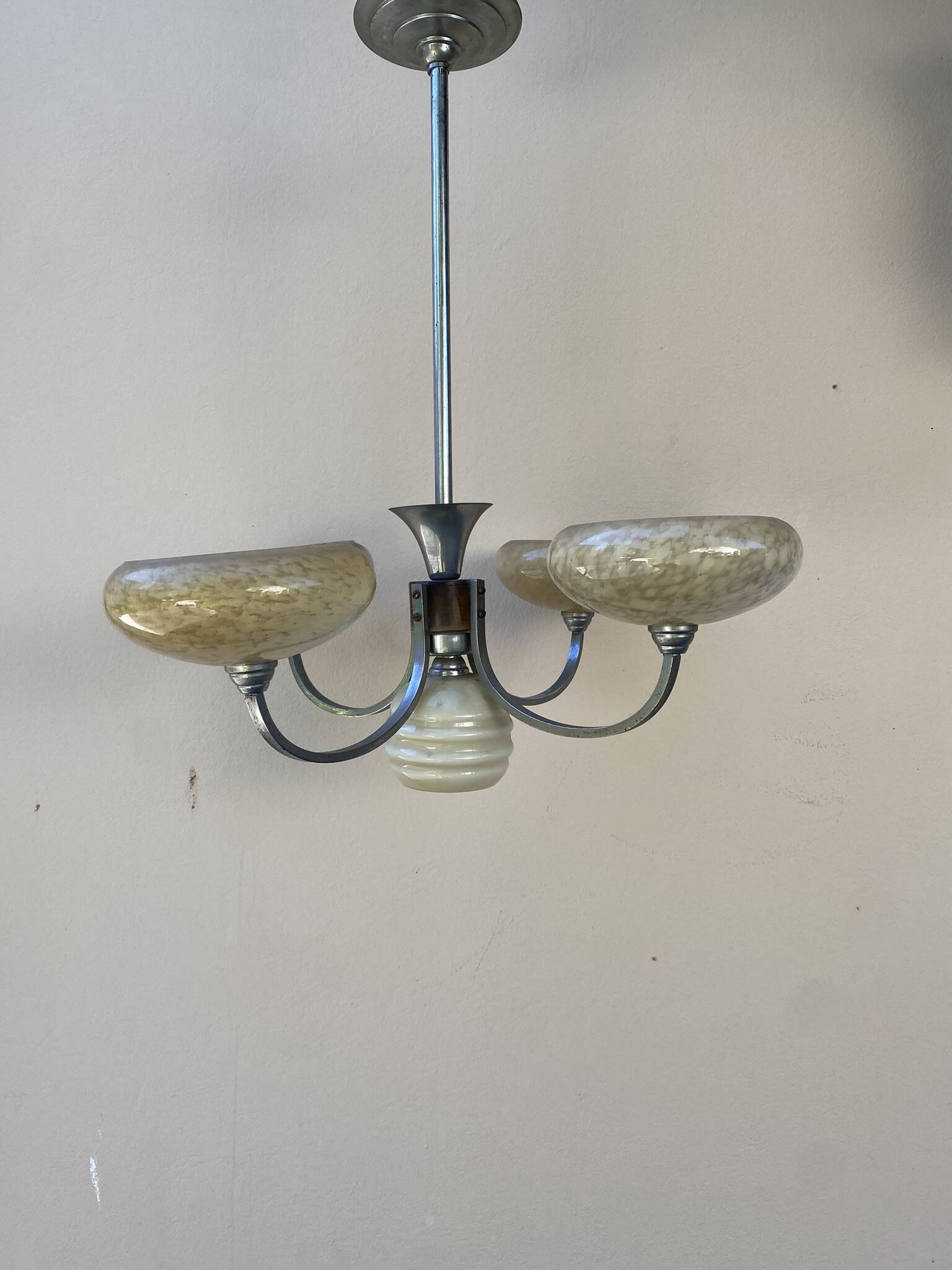Art Deco opaline wood and metal chandelier