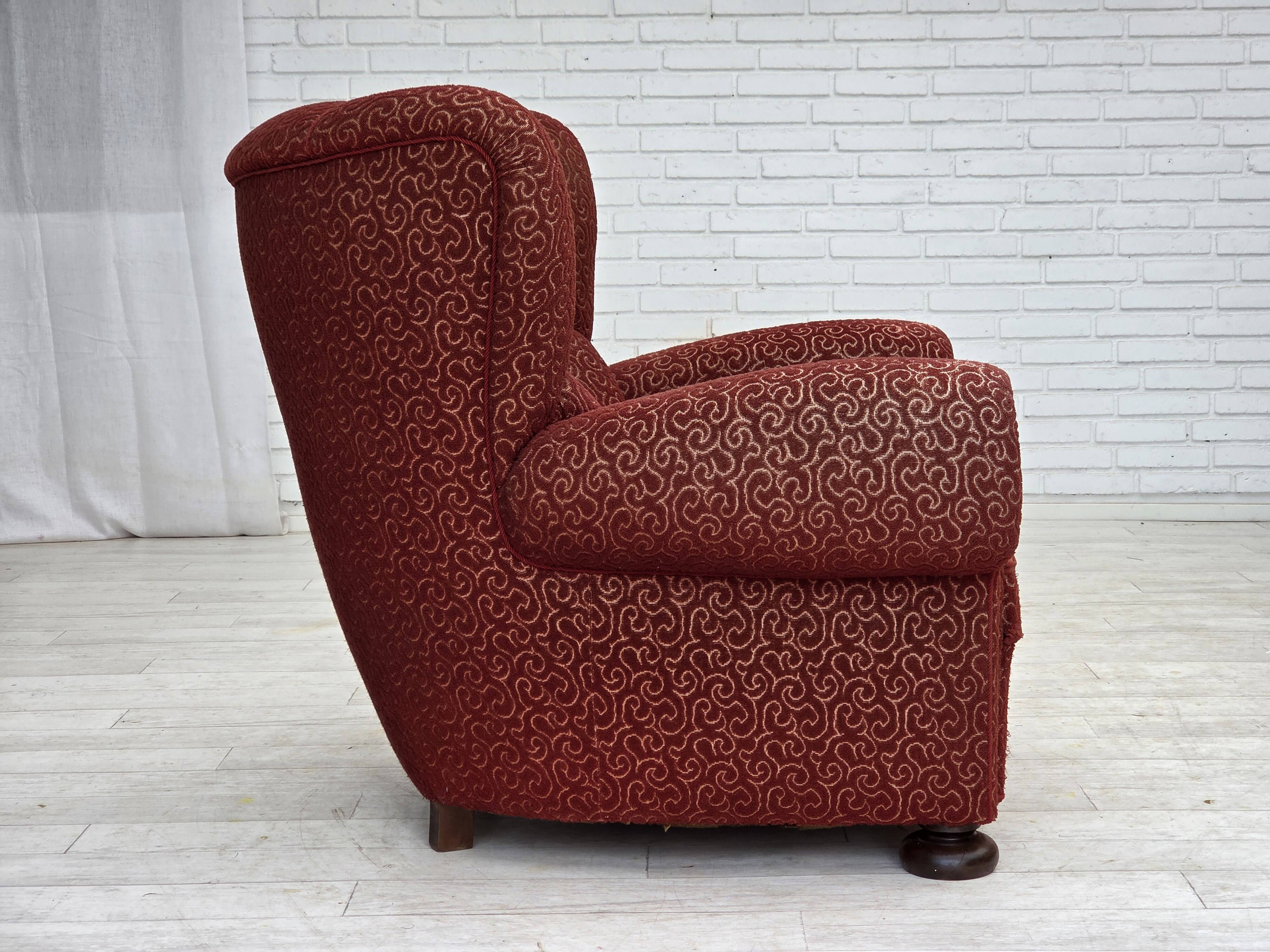 1960s, Danish relax armchair, original red furniture wool, oak wood legs.
