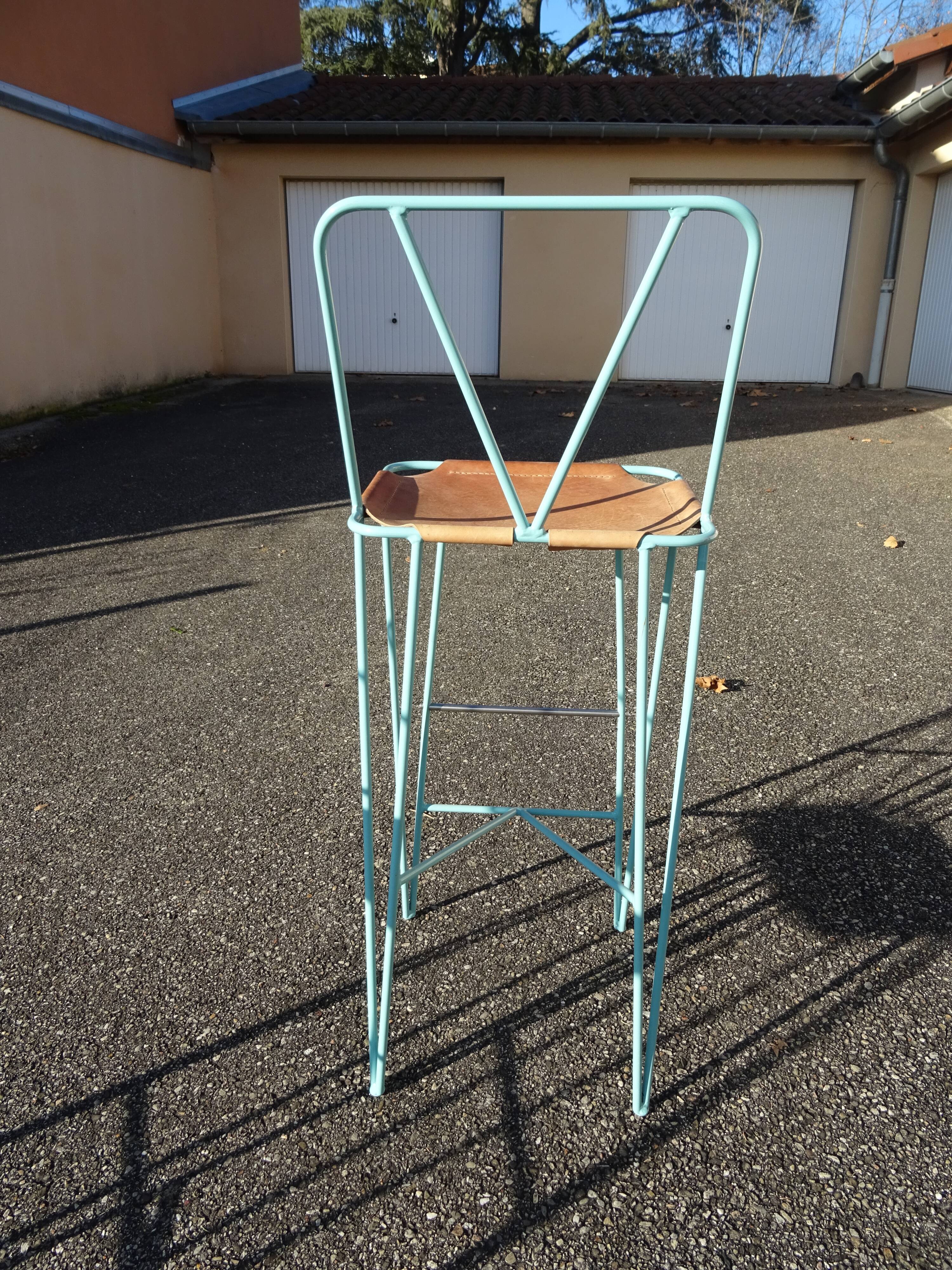 Paire de tabourets hauts tabourets de bar cuir et métal turquoise