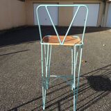 Pair of high bar stools leather and turquoise metal bar stools
