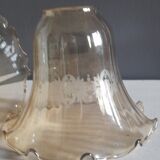 2 tulip globes ruffled, amber silkscreened decoration white - vintage 1970