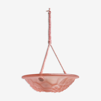 Chandelier Art Deco in molded glass pressed pink in working order - ROC