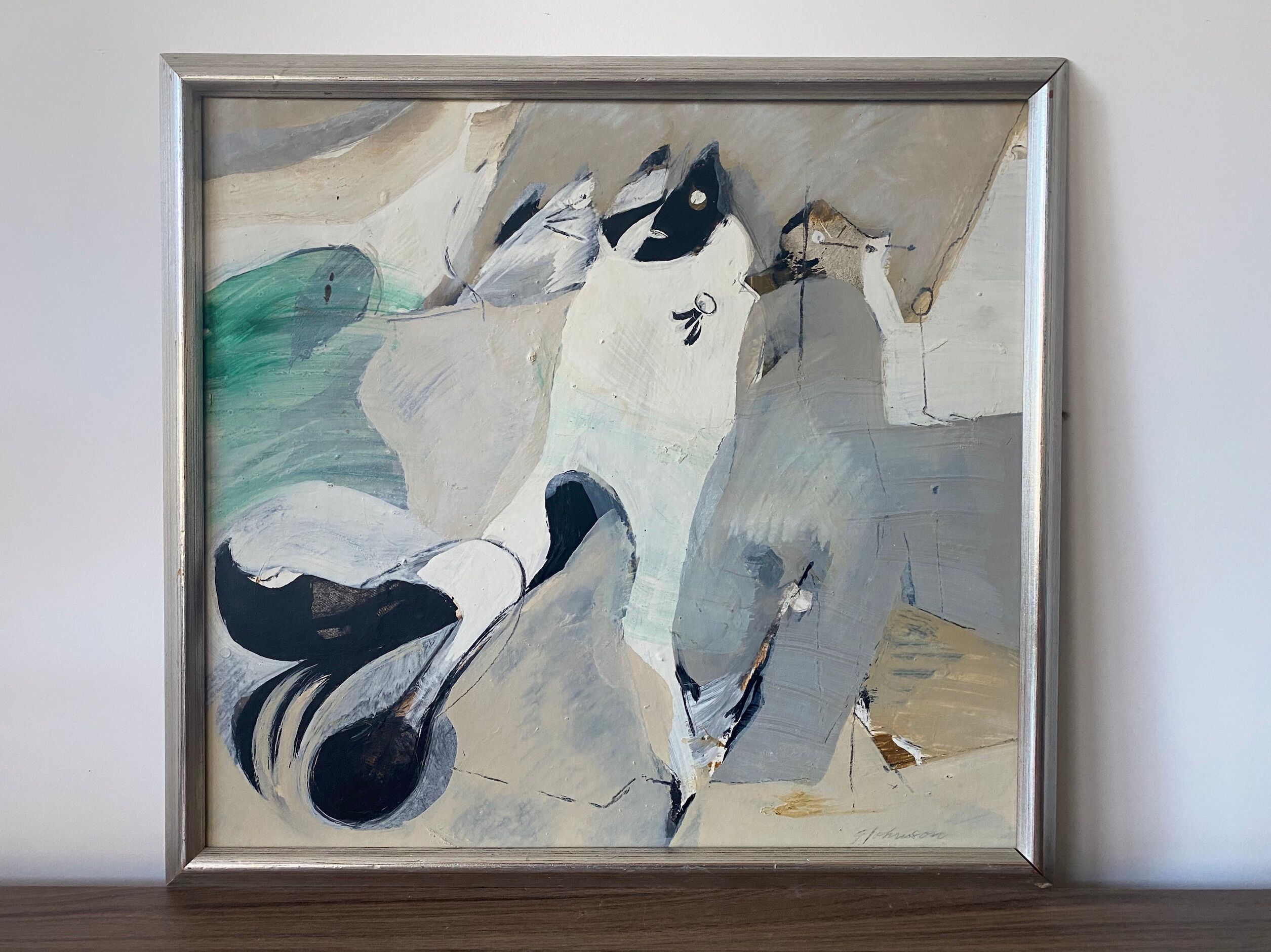 Mid-Century Modern "Flux" Swedish Vintage Abstract Oil Painting, Framed