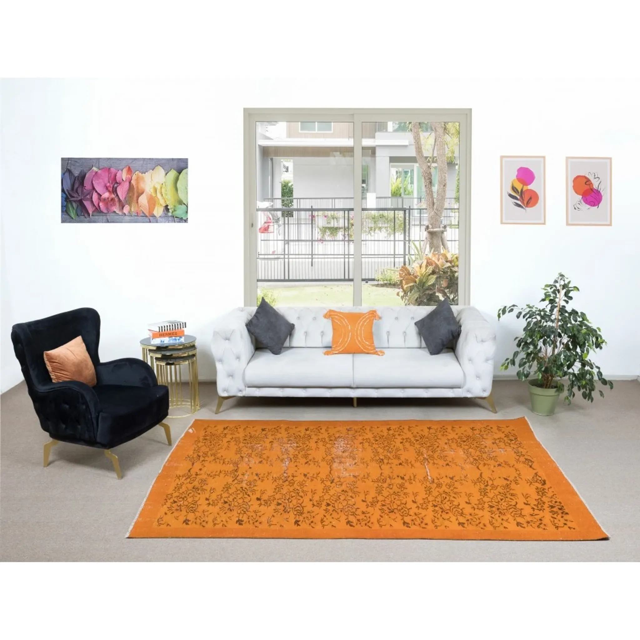 Vintage Hand-knotted Floral Design Turkish Wool Area Rug Overdyed in Orange for Living Room