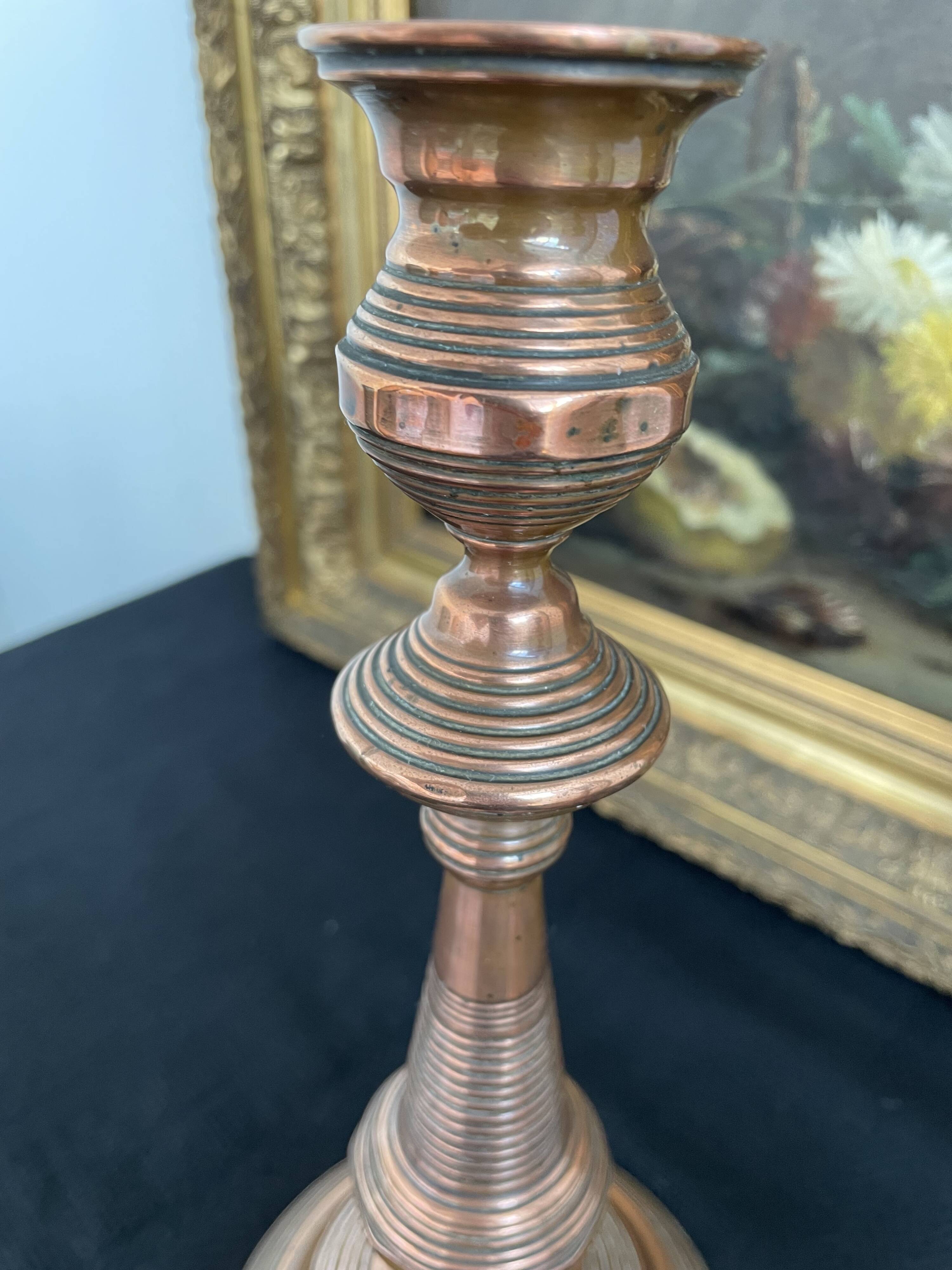 Antique, pair of candle holders, copper, brass, candle, goldsmith hallmark, old, large, massive, France