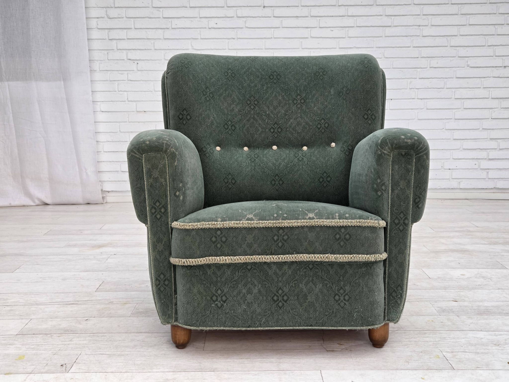 1960s, Danish armchair, light green furniture wool, oak wood legs.