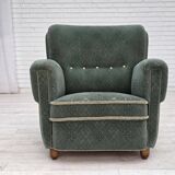 1960s, Danish armchair, light green furniture wool, oak wood legs.