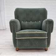 1960s, Danish armchair, light green furniture wool, oak wood legs.