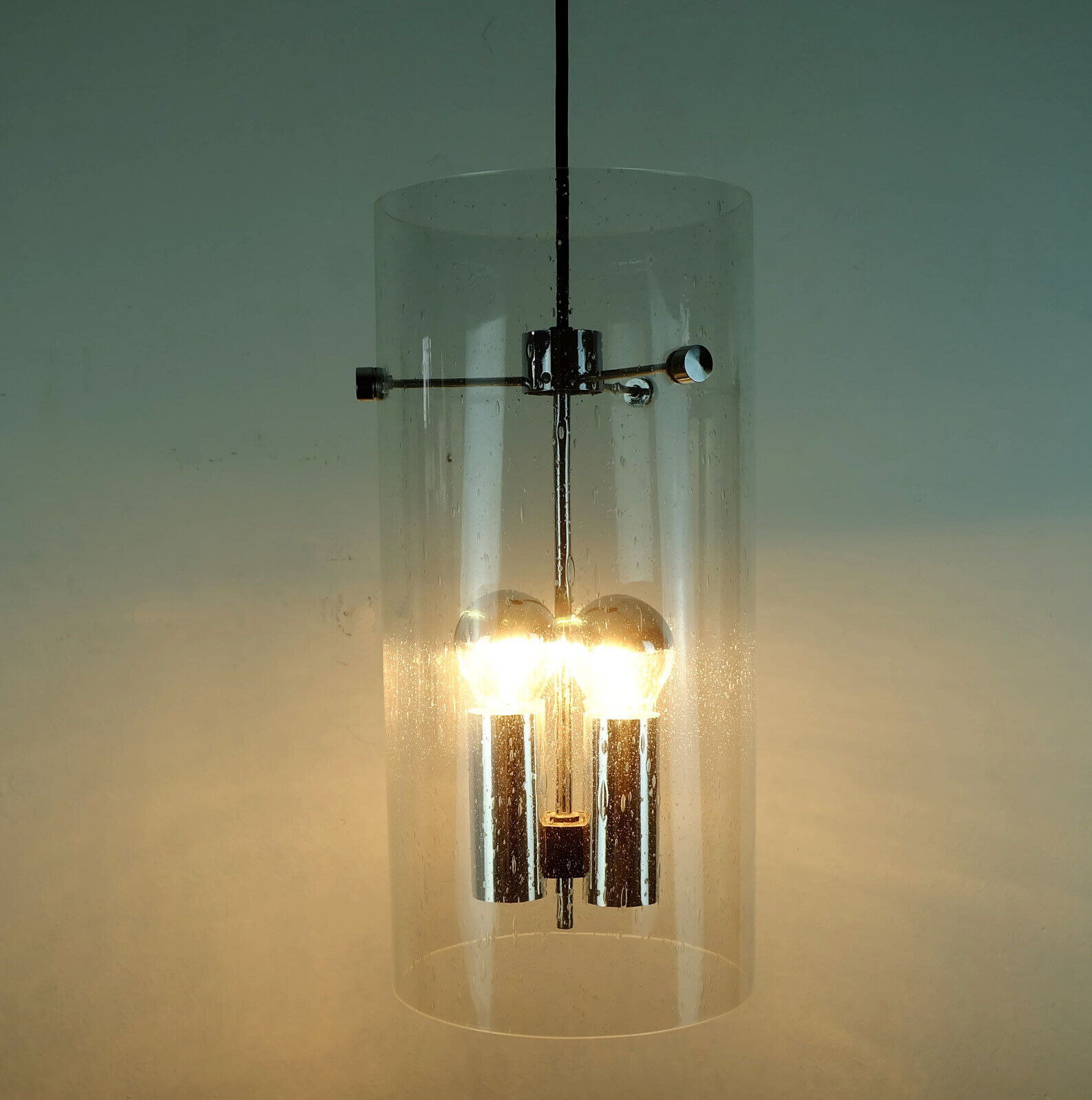 Glashuette Limburg pendant light in bubble glass and chrome lampshade 1970s
