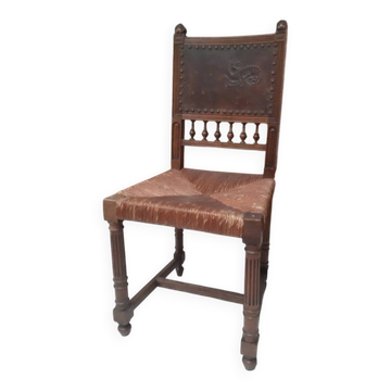 Henri II chaise cuir et paille TBE