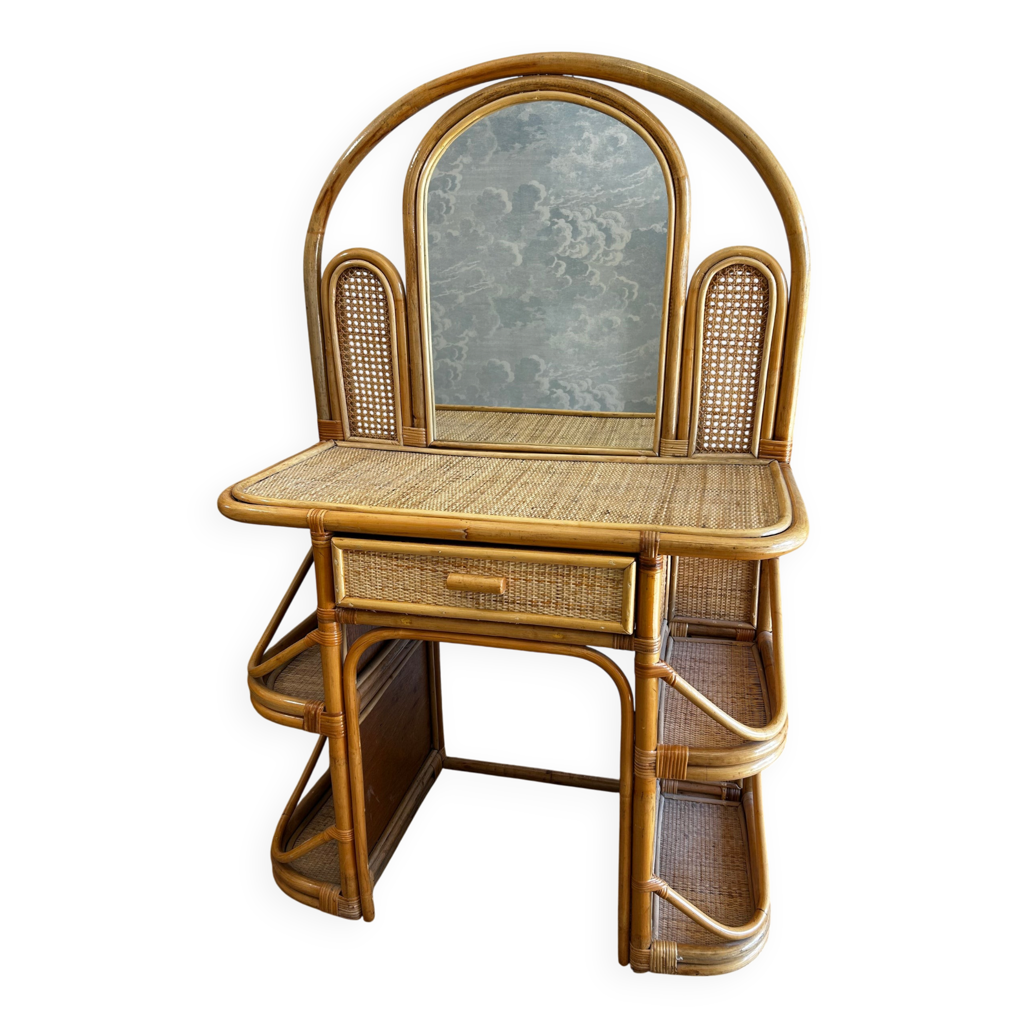 Bamboo and rattan vanity / dressing table with drawer and mirror, 1970s mid-century modern