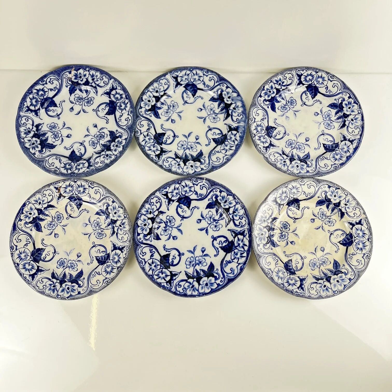 Set of 6 dessert plates in ironstone "Flora" – Creil et Montereau, 19th century, blue