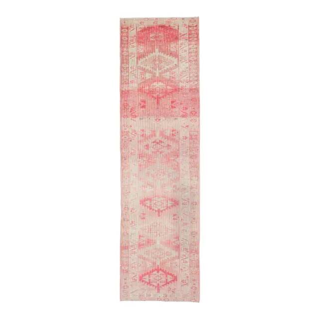 1970s Turkish Hand-Knotted Wool Cotton Pink Runner 88x334