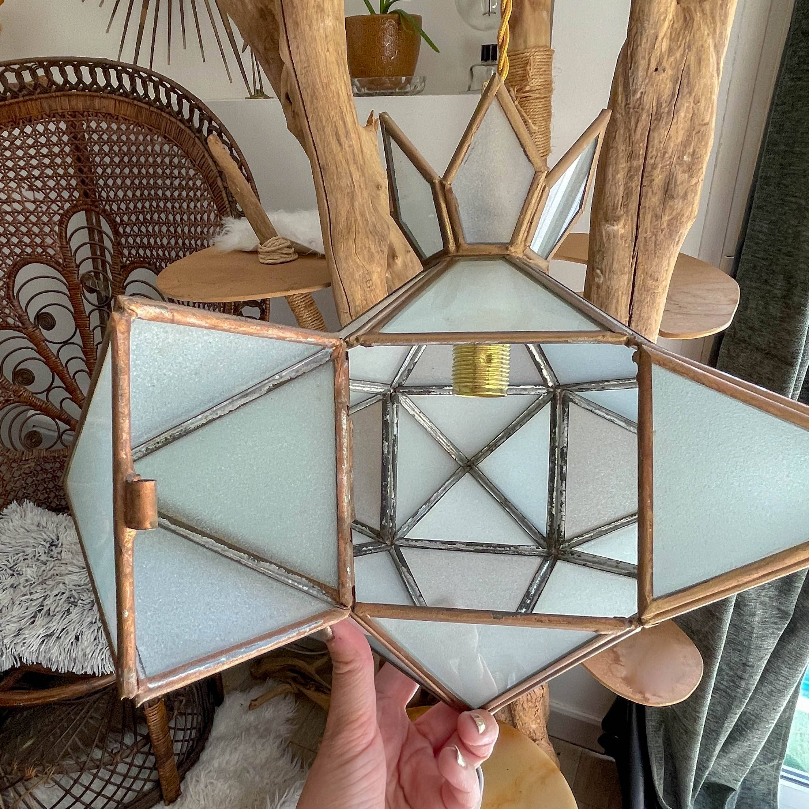 Vintage frosted glass and brass star pendant light