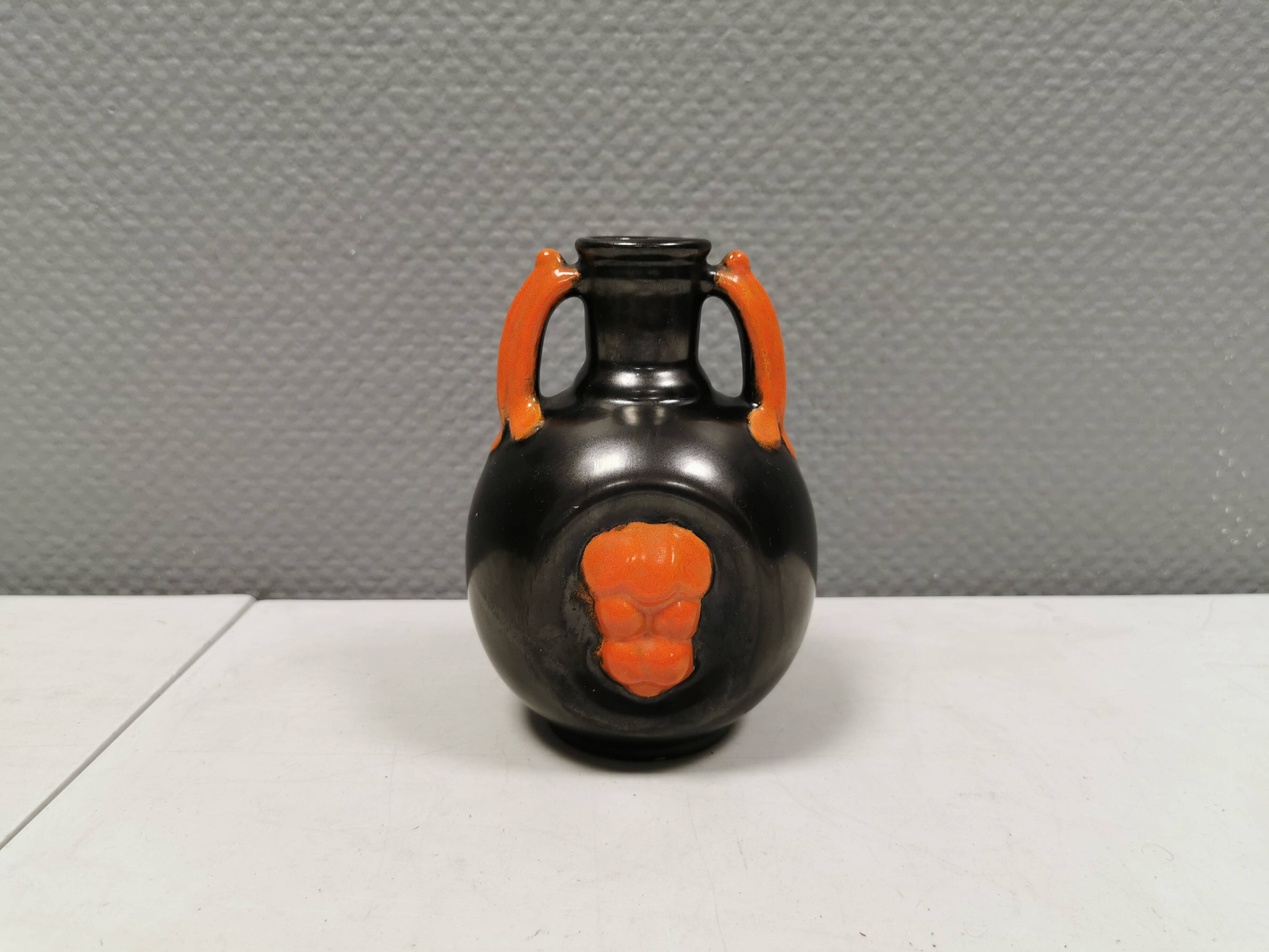Vase in metallic glaze with orange details, Upsala Ekeby Sweden