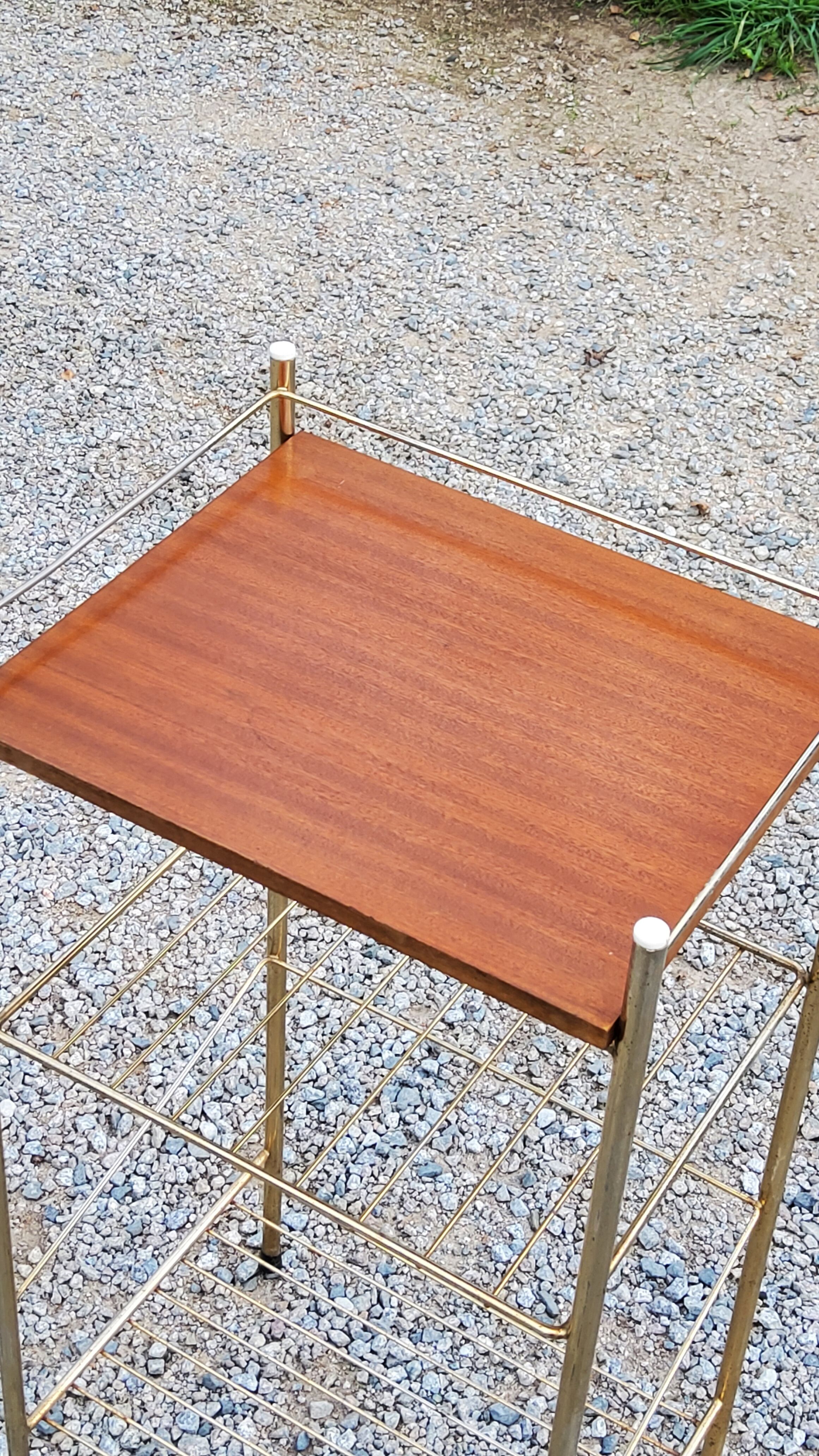 Bedside table from the 50s in gold metal and blond mahogany