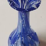 Murano style floral vase. Corolla neck, speckled cobalt blue & white. Dim 24 x 10 cm