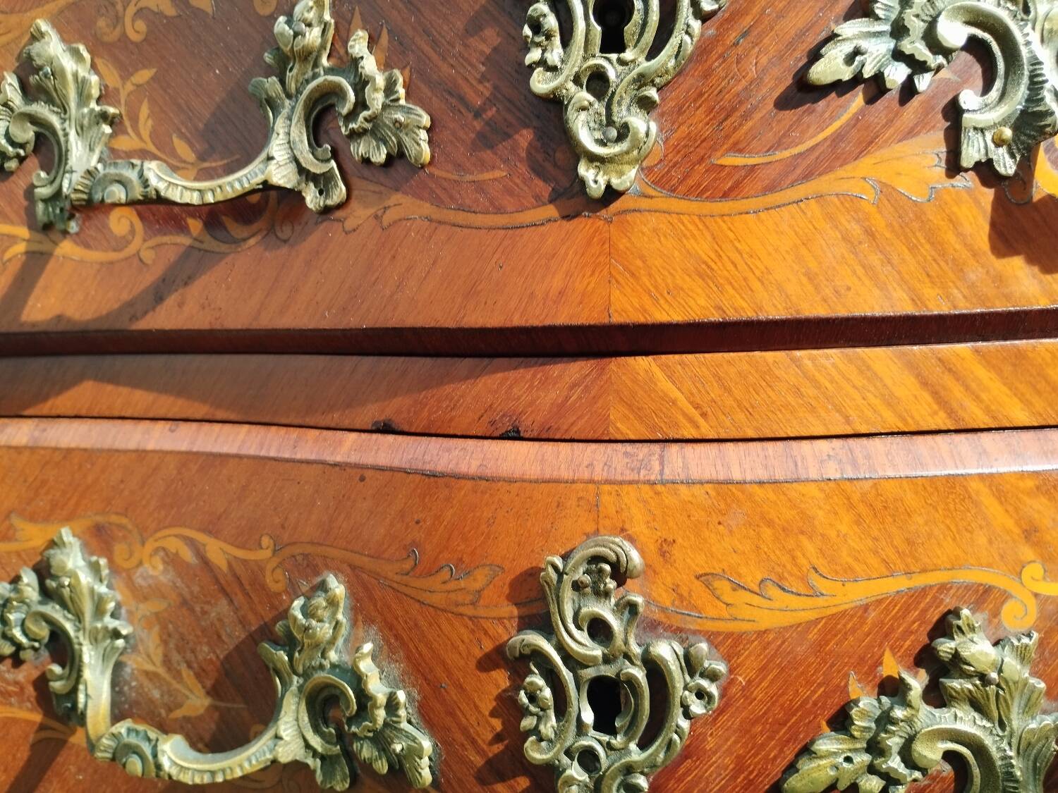 Louis xv style marble top marquetry chest of drawers