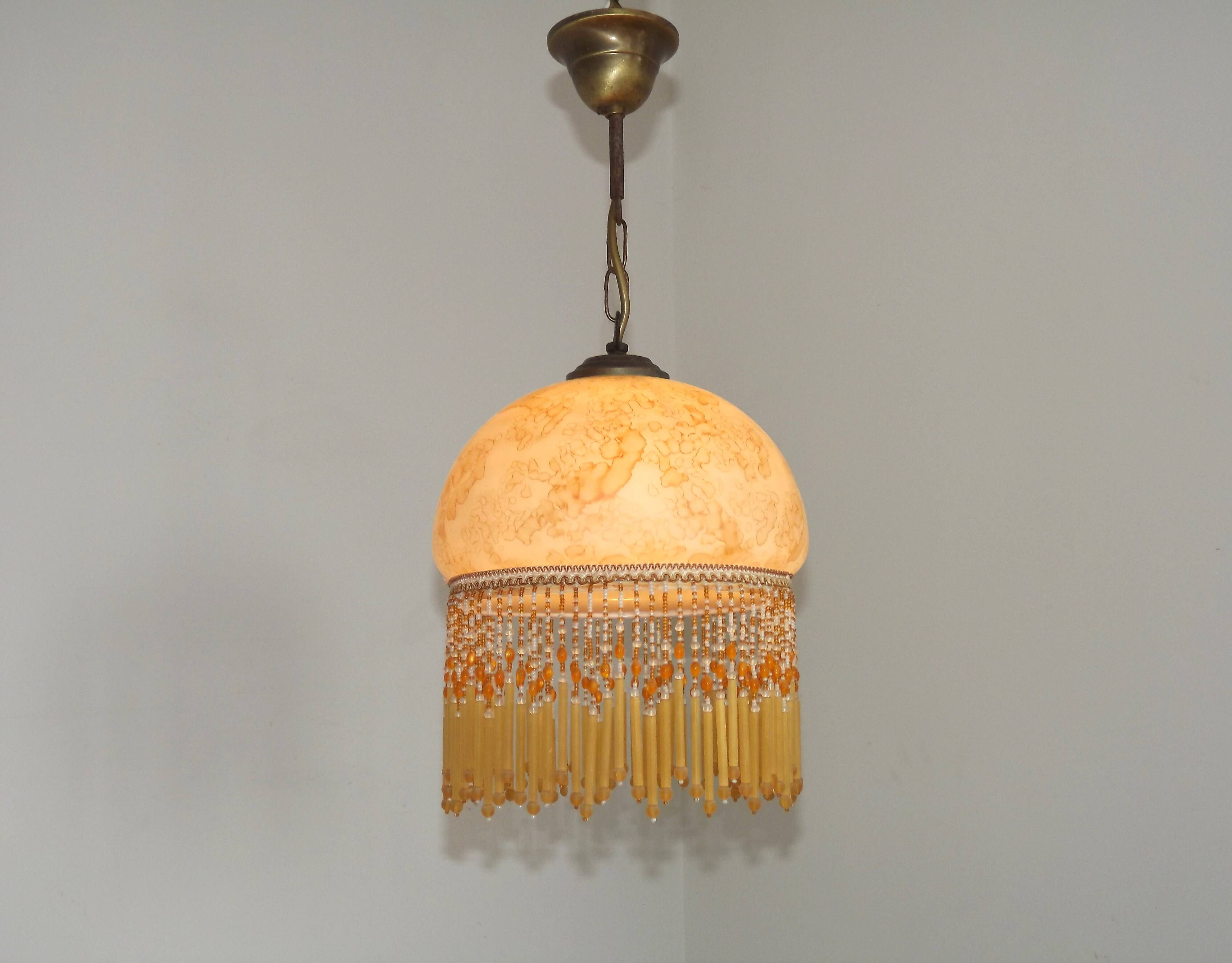 Mid Century Amber Mottled Glass Ceiling Light with Beaded Glass Fringe