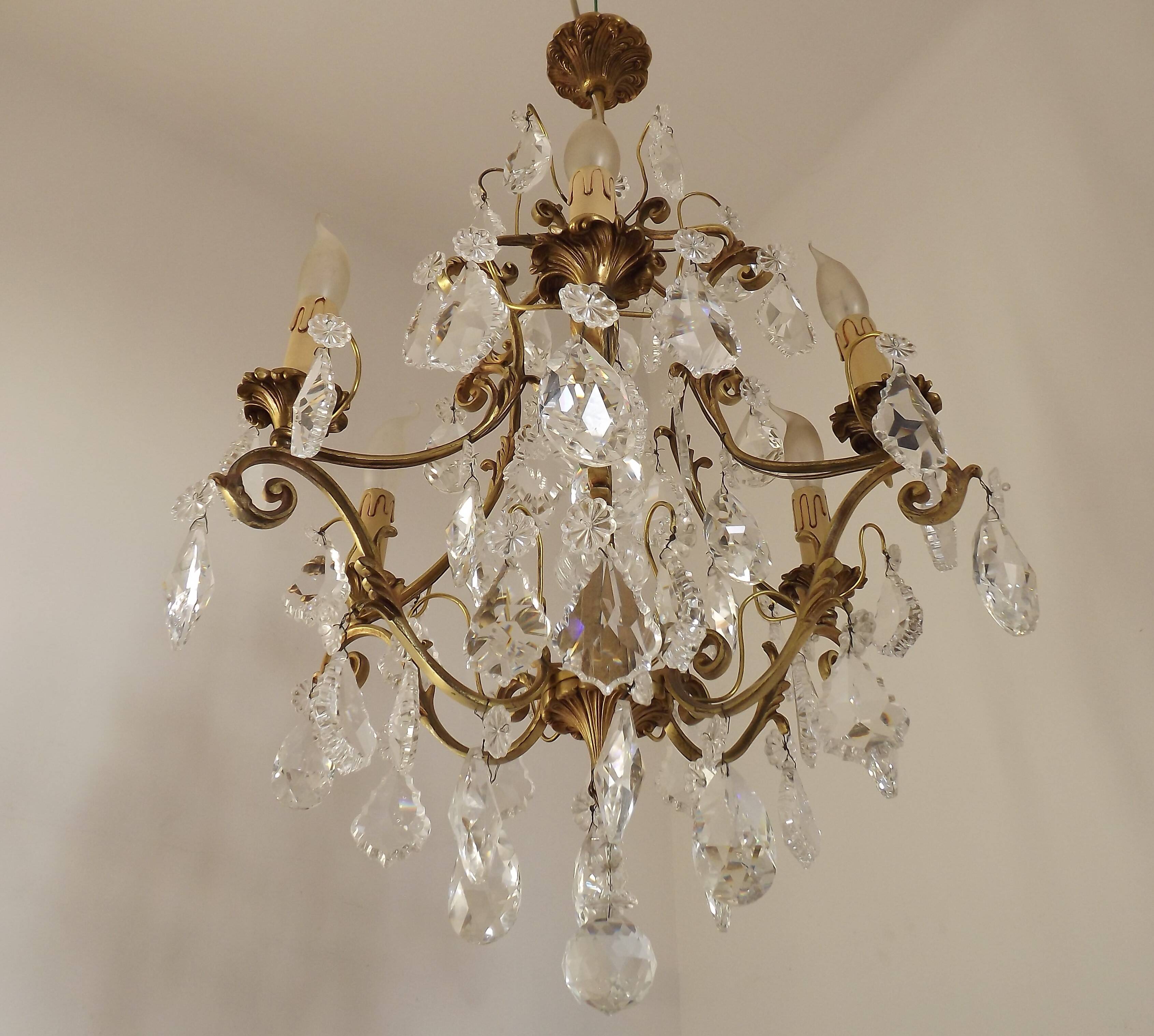 French Art Nouveau chandelier with 6 lights in bronze and crystal Acanthus 5552