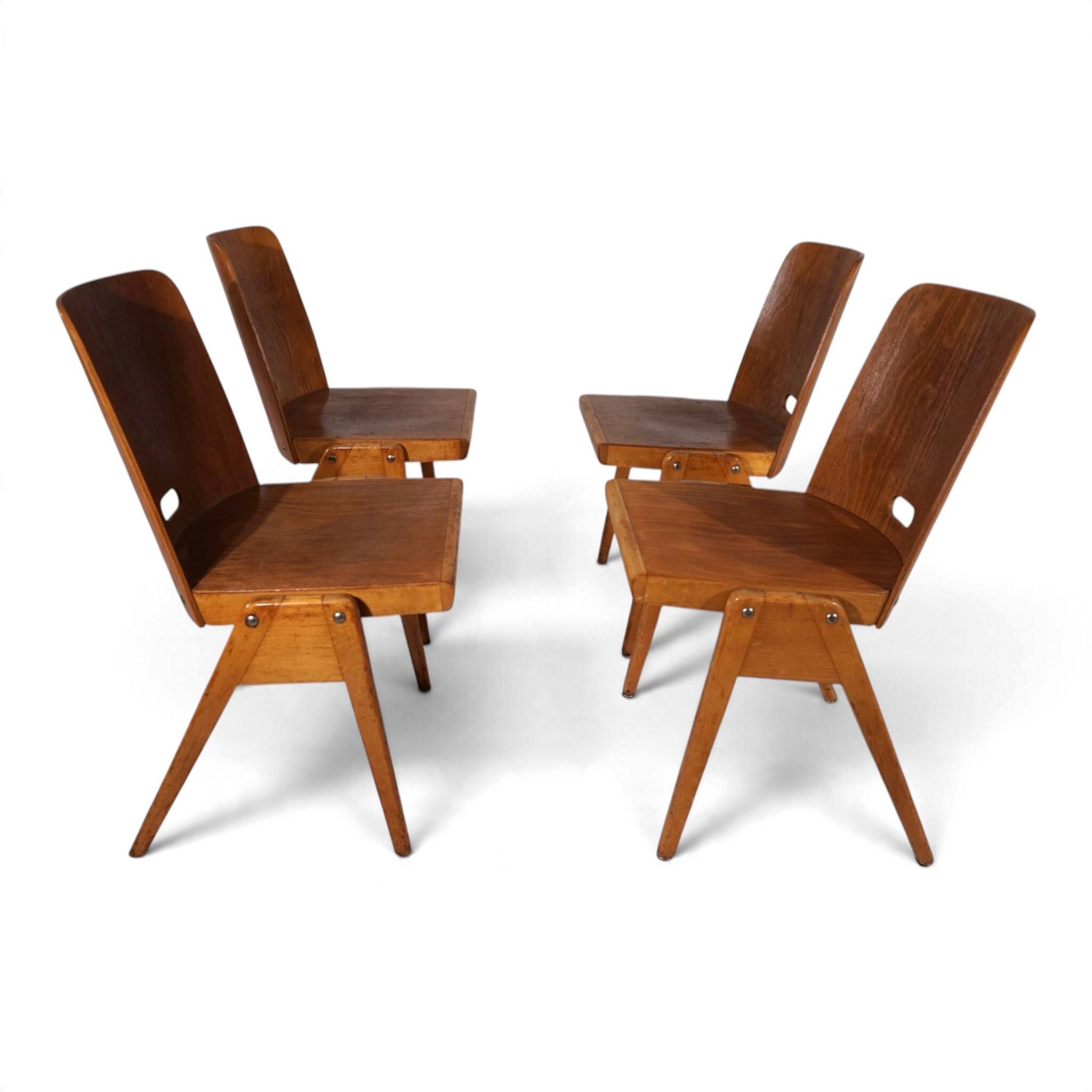 Set of 4 Bauhaus-inspired dining chairs, stackable, 1950
