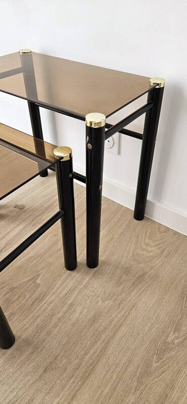 Set of 3 vintage nesting tables in smoked glass and black metal – 1970s