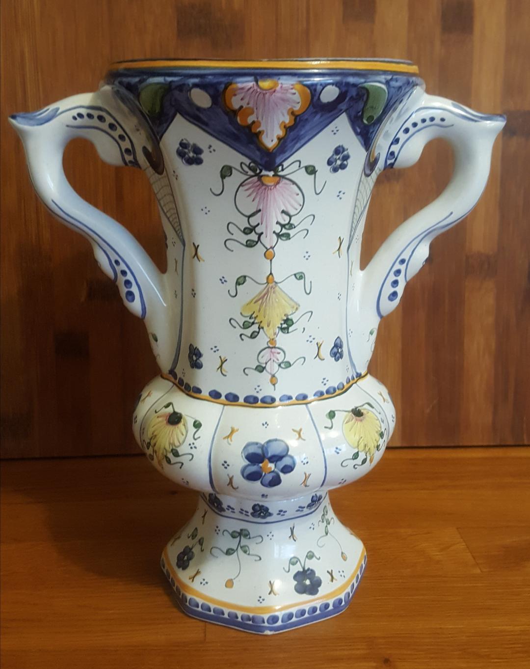 Medici vase in old Rouen earthenware signed R Tion handmade