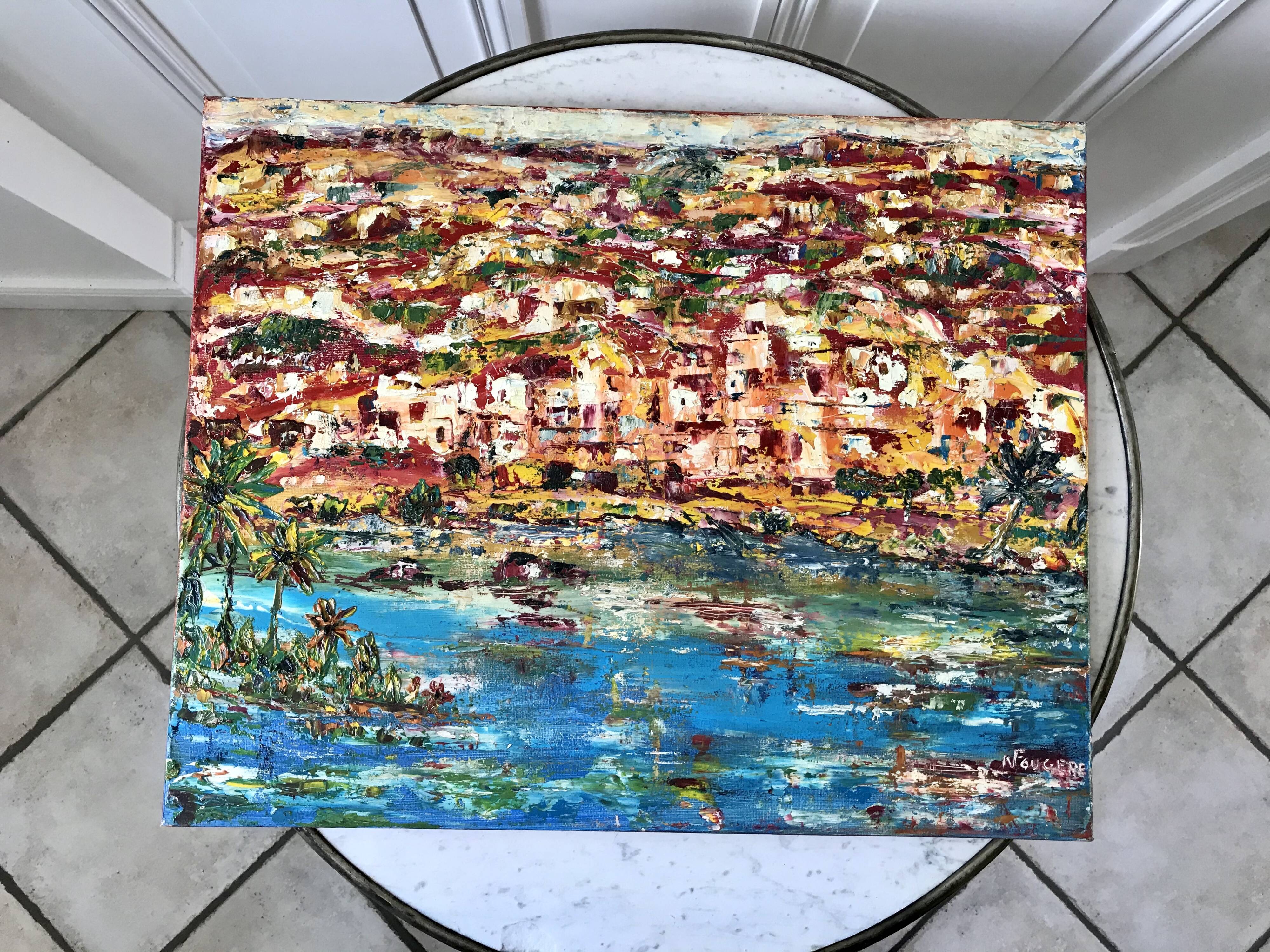 Oil painting on canvas landscape colorful seaside vintage