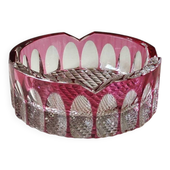 Large Val St-Lambert Ashtray/Vacuum Bin. Cranberry. Oval/Cross-hatched Patterns. Diam 15.5 cm