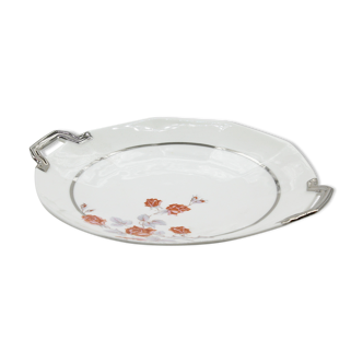 Ancien plat en porcelaine avec des roses et anses argentées