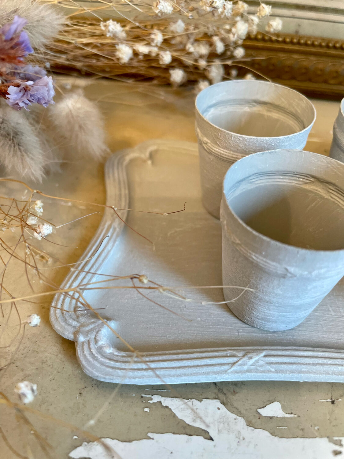 Tray and 5 antique brass liqueur glasses