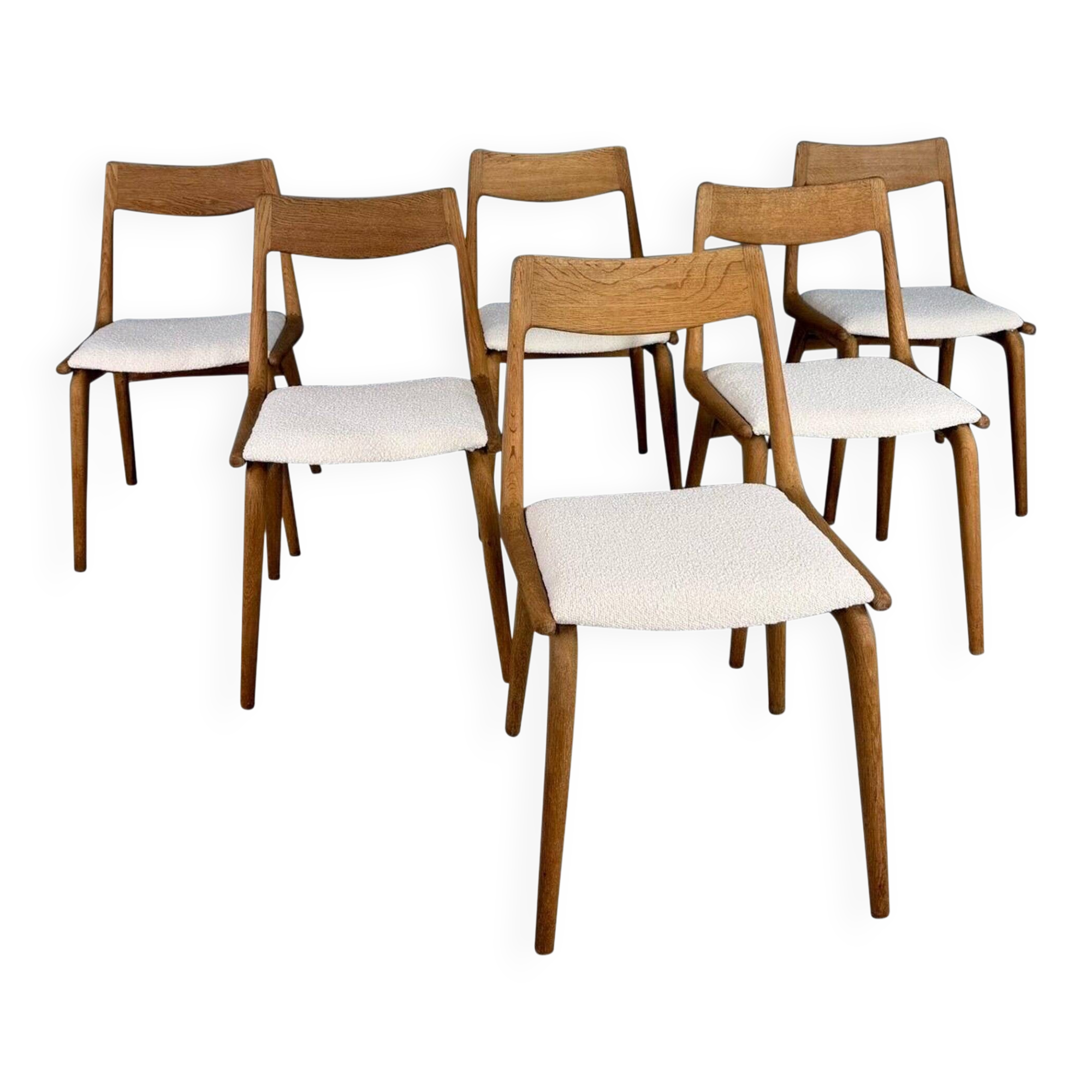 Alfred Christensen Danish oak "Boomerang" chairs set of 6 boucle fabric